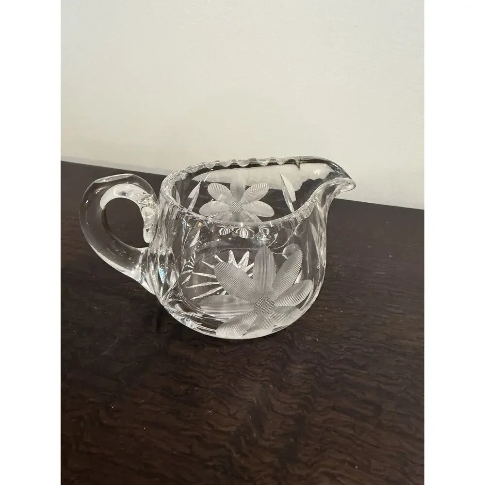 Vintage Cut Glass Crystal Clear Creamer and Sugar Bowl with Etched Flowers